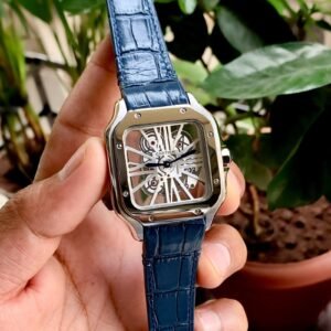 Cartier D’Santos Skeleton Silver Blue Leather