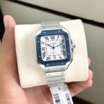 Cartier De Santos Blue Bezel White Dial