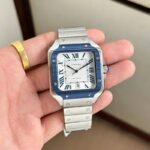 Cartier De Santos Blue Bezel White Dial