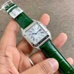 Cartier Santos Dumont Green Strap White Dial