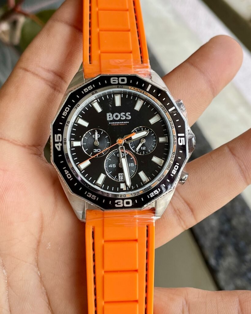 Hugo Boss Round Analog Black Dial with Orange Strap